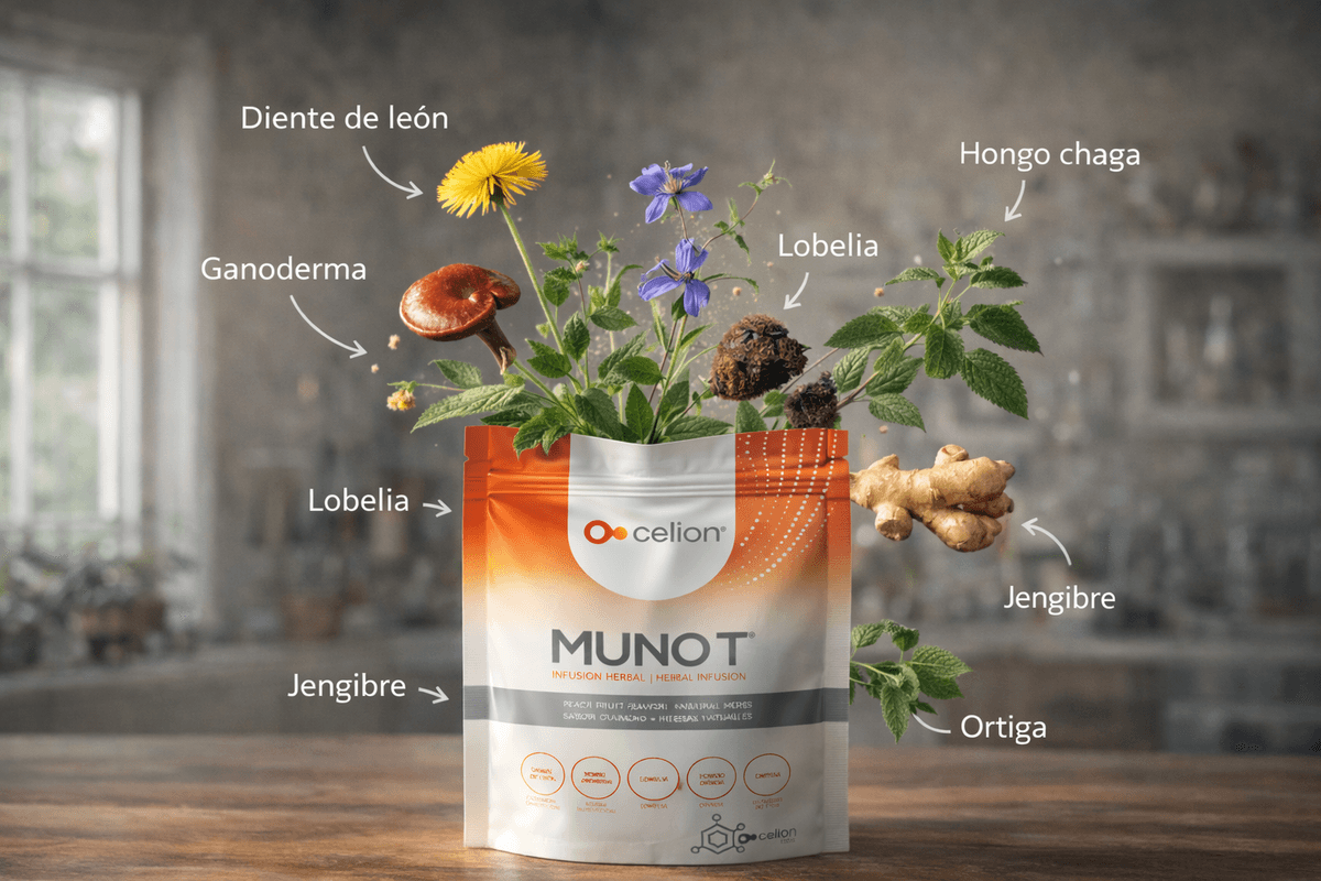 MUNOT Infusión Herbal por Celion - empaque con ingredientes naturales como jengibre, diente de león, hongos y hierbas